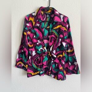 BellaPelle woman front tie blouse size M colorful abstract 100% cotton sexy open